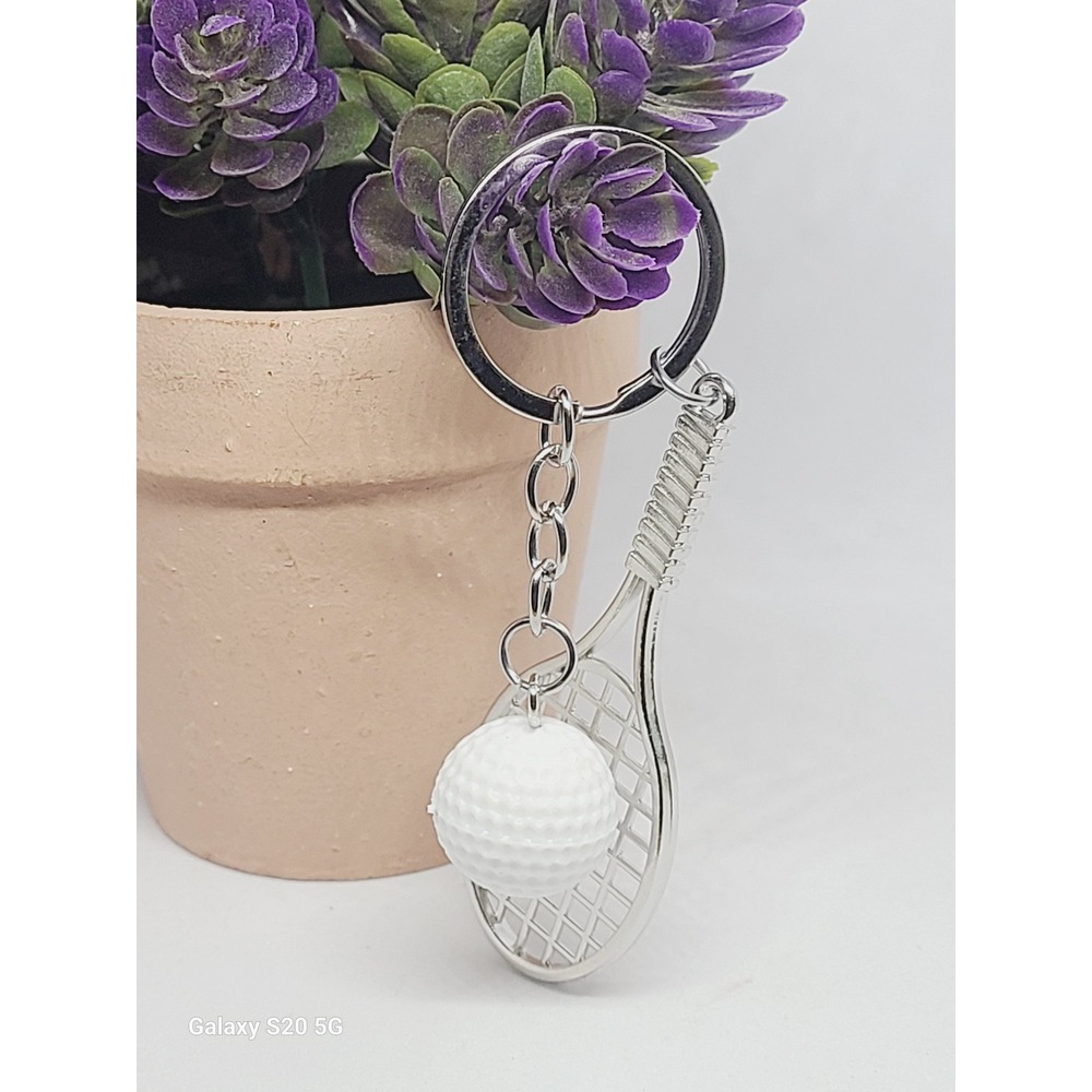 Handmade White Ball Tennis Racket Keychain‎ Silver Tone Women Sport Accessory